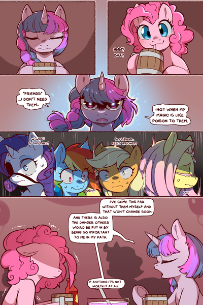 Size: 960x1440 | Tagged: safe, alternate version, artist:cold-blooded-twilight, derpibooru import, applejack, fluttershy, pinkie pie, rainbow dash, rarity, twilight sparkle, cold blooded twilight, comic:cold storm, alternate design, blushing, comic, dialogue, eyes closed, glow, glowing eyes, image, png, speech bubble, sweat