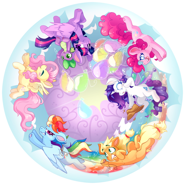 Size: 5479x5479 | Tagged: safe, artist:cutepencilcase, derpibooru import, applejack, fluttershy, pinkie pie, rainbow dash, rarity, spike, twilight sparkle, alicorn, dragon, earth pony, pony, unicorn, g4, applejack's hat, balloon, butterfly wings, cowboy hat, floating, flying, frisbee, hat, horn, image, lasso, mane seven, mane six, png, rope, simple background, then watch her balloons lift her up to the sky, transparent background, wings