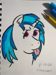 Size: 2494x3325 | Tagged: safe, artist:ideletedsystem64, derpibooru import, vinyl scratch, pony, unicorn, g4, :p, date (time), female, horn, image, jpeg, mare, marker drawing, markers, pencil, simple background, solo, tongue out, traditional art