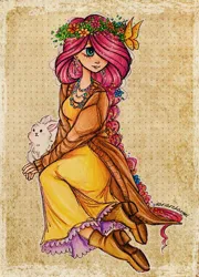 Size: 2016x2803 | Tagged: safe, artist:dariarchangel, derpibooru import, fluttershy, butterfly, human, insect, rabbit, g4, alternate hairstyle, animal, beads, boots, braid, cardigan, clothes, cute, daaaaaaaaaaaw, dress, ear piercing, earring, female, floral head wreath, flower, flower in hair, hair over one eye, humanized, image, jewelry, jpeg, long dress, long hair, long sleeves, necklace, piercing, pink hair, shoes, shy, shy smile, shyabetes, sitting, smiling, traditional art, yellow dress