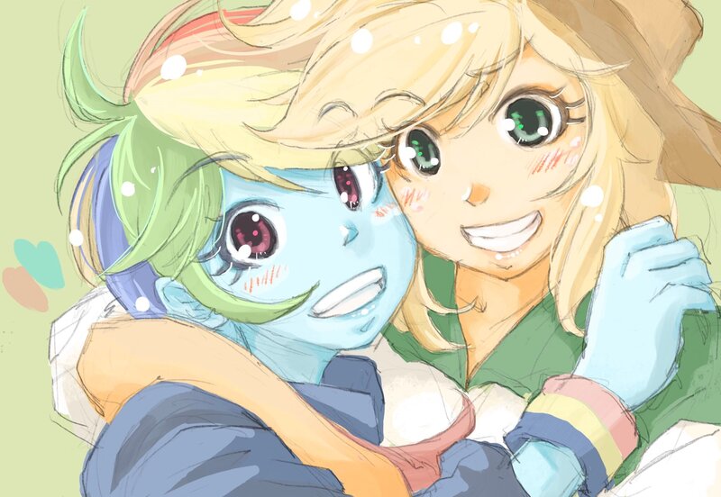 Size: 2048x1412 | Tagged: safe, artist:bonoramo, derpibooru import, applejack, rainbow dash, human, equestria girls, g4, appledash, blush lines, blushing, duo, duo female, female, green background, grin, hug, image, jpeg, lesbian, looking at you, shipping, simple background, smiling, smiling at you