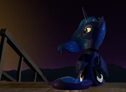 Size: 2354x1728 | Tagged: safe, artist:xafilah, derpibooru import, princess luna, alicorn, 3d, butt, gmod, image, moonbutt, png, sitting, solo, source filmmaker, stars, sunset