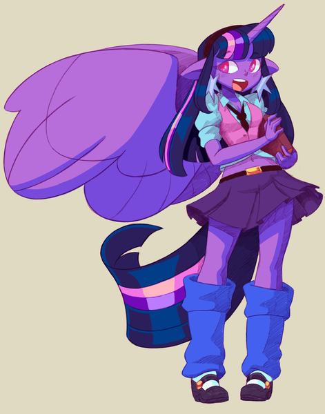 Size: 2514x3200 | Tagged: safe, artist:shadowhawx, derpibooru import, twilight sparkle, twilight sparkle (alicorn), alicorn, human, g4, beige background, belly, belly button, clothes, ear piercing, earring, elf ears, female, high res, horn, horned humanization, humanized, image, jewelry, leg warmers, long hair, midriff, necktie, open mouth, open smile, piercing, png, pony coloring, simple background, skirt, smiling, solo, tail, tailed humanization, winged humanization, wings