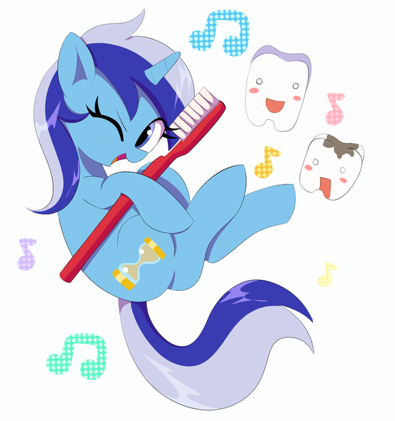 Size: 2225x2372 | Tagged: safe, artist:spoonie, derpibooru import, minuette, pony, unicorn, cute, female, happy, horn, image, mare, minubetes, music notes, one eye closed, open mouth, open smile, png, simple background, smiling, solo, teeth, toothbrush