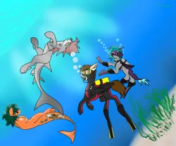 Size: 979x816 | Tagged: safe, artist:aegishailstorm, derpibooru import, oc, oc:aegis hailstorm, unofficial characters only, dragon, original species, pegasus, shark, shark pony, bubble, crepuscular rays, fins, goggles, image, jpeg, looking at you, mermay, ocean, scuba diving, scuba gear, seaweed, swimming, underwater, water, wetsuit