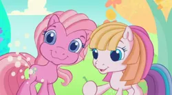 Size: 974x541 | Tagged: safe, derpibooru import, screencap, pinkie pie (g3), earth pony, pony, g3, twinkle wish adventure, dandelion, duo, faic, female, g3.5, great moments in animation, image, mare, png, smiling, three toned mane, toola-roola, wat