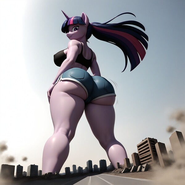 Size: 2048x2048 | Tagged: questionable, ai content, derpibooru import, machine learning generated, stable diffusion, twilight sparkle, anthro, unicorn, g4, big breasts, booty shorts, braless, breasts, building, busty twilight sparkle, butt, butt shake, city, clothes, curvy, denim, denim shorts, erect nipples, female, generator:purplesmart.ai, giantess, giga, horn, huge butt, image, jpeg, large butt, looking back, macro, nipple outline, prompter:argusx, shorts, smiling, the ass was fat, twerking, twilightlicious, wide hips