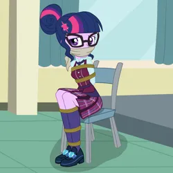 Size: 1280x1280 | Tagged: safe, artist:nie-martw-sie-o-mnie, derpibooru import, part of a set, sci-twi, twilight sparkle, human, equestria girls, g4, bondage, chair, cloth gag, clothes, crystal prep academy uniform, female, femsub, gag, glasses, hairpin, image, jpeg, rope, rope bondage, school uniform, shoes, sitting, skirt, socks, solo, submissive, twisub