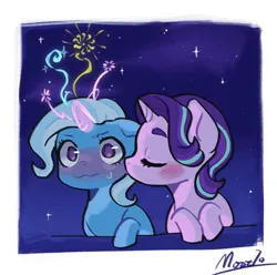 Size: 1200x1188 | Tagged: safe, artist:mottai70, derpibooru import, starlight glimmer, trixie, pony, unicorn, g4, blushing, blushing profusely, cute, diatrixes, duo, duo female, eyes closed, female, glimmerbetes, horn, image, kiss on the cheek, kissing, lesbian, magic, magic aura, mare, night, night sky, passepartout, png, shipping, signature, sky, stars, startrix, surprise kiss, wavy mouth