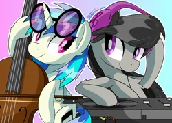 Size: 3341x2399 | Tagged: safe, artist:notadeliciouspotato, derpibooru import, octavia melody, vinyl scratch, earth pony, pony, unicorn, cello, duo, female, glasses, gradient background, headphones, horn, image, looking at each other, looking at someone, mare, musical instrument, png, role reversal, signature, smiling, turntable