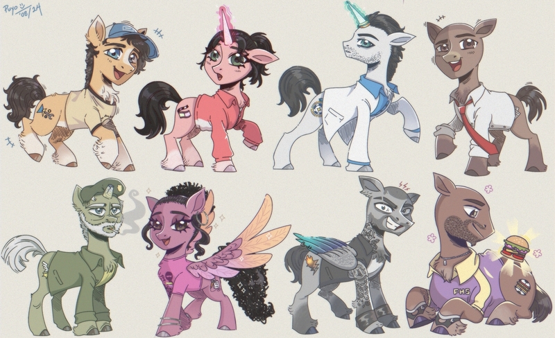 Size: 2716x1658 | Tagged: safe, artist:puyohh, derpibooru import, ponified, earth pony, pegasus, pony, unicorn, bald, beard, bedroom eyes, beret, black mane, blue eyes, bracelet, brown coat, brown eyes, brown mane, burger, cigarette, cigarette smoke, clothes, colored wings, cutie mark, ear piercing, earring, facial hair, female, food, gloves, glow, glowing horn, gradient wings, gray coat, gray mane, green coat, green eyes, grin, happy, hat, horn, horn ring, image, jewelry, jpeg, left 4 dead, left 4 dead 2, looking at you, magic, magic aura, male, mare, moustache, necktie, piercing, pink coat, raised hoof, ring, shirt, simple background, smiling, smiling at you, spread wings, stallion, suit, t-shirt, tied mane, unshorn fetlocks, vest, white coat, wings, yellow coat