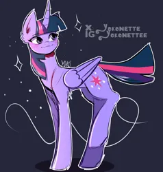 Size: 2022x2127 | Tagged: safe, artist:yokonette, derpibooru import, twilight sparkle, twilight sparkle (alicorn), alicorn, pony, g4, big ears, concave belly, curved horn, female, folded wings, horn, image, jpeg, long legs, looking back, looking up, mare, quadrupedal, raised leg, solo, standing, turned head, wings