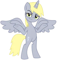 Size: 1470x1535 | Tagged: safe, artist:savage-bases, artist:twilyisbestpone, derpibooru import, derpy hooves, alicorn, pony, g4, alicornified, bipedal, derpicorn, evil grin, female, grin, image, looking at you, mare, png, race swap, shrug, simple background, smiling, smug, solo, spread wings, transparent background, underp, wings, xk-class end-of-the-world scenario