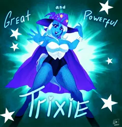 Size: 3000x3126 | Tagged: safe, artist:kriallet18, derpibooru import, trixie, anthro, unguligrade anthro, unicorn, breasts, busty trixie, cape, clothes, female, hat, high res, horn, image, jpeg, magician outfit, open mouth, solo, trixie's cape, trixie's hat