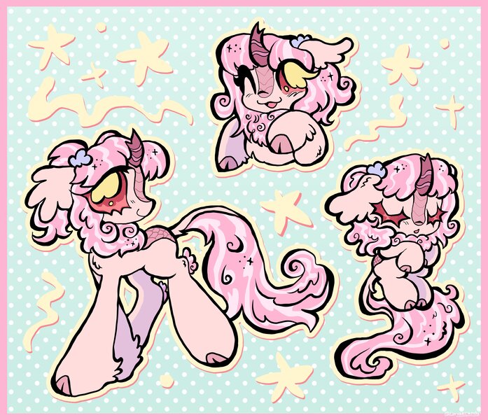 Size: 4096x3526 | Tagged: safe, artist:larvaecandy, derpibooru import, part of a set, oc, oc:pastel sweets, unofficial characters only, kirin, :3, big hooves, blush scribble, blushing, border, bust, chibi, cloven hooves, colored, colored eyelashes, colored hooves, colored sclera, commission, ear fluff, eyelashes, eyes closed, fetlock tuft, flat colors, floppy ears, hair tie, high res, hooves, horn, image, jpeg, kirin oc, leg fluff, leonine tail, long tail, looking back, no pupils, one eye closed, open mouth, open smile, patterned background, pink coat, pink eyelashes, pink eyes, pink hooves, pink mane, pink sclera, pink tail, polka dot background, ponytail, profile, raised hoof, raised hooves, shiny eyelashes, sketch page, sleeping, slender, small horn, smiling, solo, sparkly mane, sparkly tail, stars, striped mane, striped tail, tail, thin, tied mane, wingding eyes