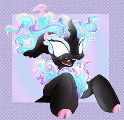 Size: 4003x3874 | Tagged: safe, artist:larvaecandy, derpibooru import, part of a set, oc, oc:pastel sweets, unofficial characters only, kirin, nirik, abstract background, big eyes, big hooves, black coat, blank eyes, cloven hooves, colored hooves, commission, eyelashes, fangs, fiery eyes, floppy ears, flowing mane, frown, glow, glowing eyes, high res, hooves, image, jpeg, kirin oc, lineless, mane of fire, multicolored mane, nirik oc, open frown, open mouth, pink hooves, sharp teeth, shiny coat, shiny hooves, teeth, white eyes