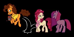 Size: 1337x678 | Tagged: safe, artist:partyponypower, derpibooru import, cheese sandwich, cherry jubilee, pinkie pie, earth pony, pony, g4, alternate accessories, alternate universe, basket, black background, blue eyes, bouncing, brown mane, brown tail, cherry, clothes, collared shirt, colored pupils, curly mane, curly tail, eyelashes, eyeshadow, female, food, green eyes, green pupils, headband, hopping, image, jpeg, lidded eyes, lineless, long mane, long tail, looking at each other, looking at someone, makeup, male, mare, missing cutie mark, motion lines, mouth hold, neckerchief, nose wrinkle, open mouth, open smile, orange coat, pink coat, pink eyeshadow, pink mane, pink tail, pinkamena diane pie, profile, red mane, red tail, scarf, shirt, simple background, smiling, smiling at each other, smiling at someone, stallion, straight mane, straight tail, tail, two toned mane, two toned tail, updo, wall of tags, yellow coat, yellow shirt