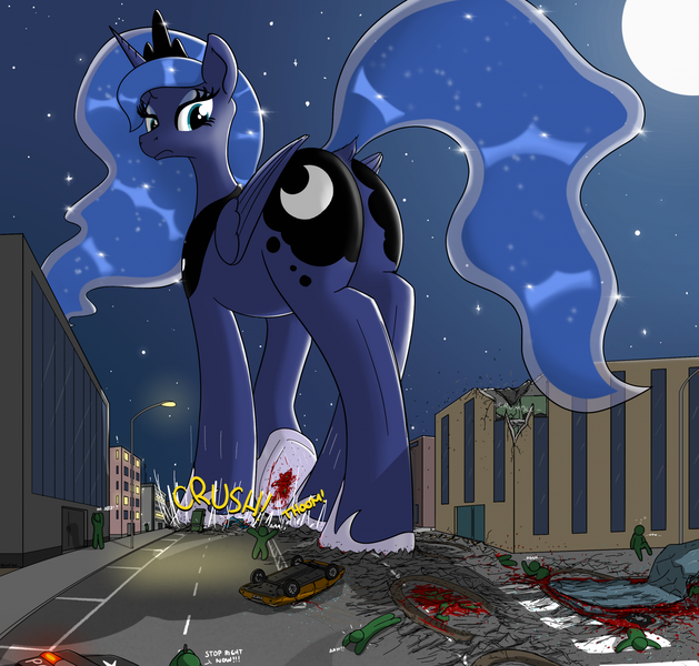 Size: 1966x1874 | Tagged: grimdark, artist:qkersnll, derpibooru import, princess luna, alicorn, human, pony, blood, building, butt, car, city, crush fetish, crushed, crushing, destruction, dock, female, fetish, giant pony, giantess, hoof shoes, hoofprints, image, looking back, macro, macro/micro, mare, moon, moonbutt, night, png, rampage, road, stomping, street, tail, underhoof