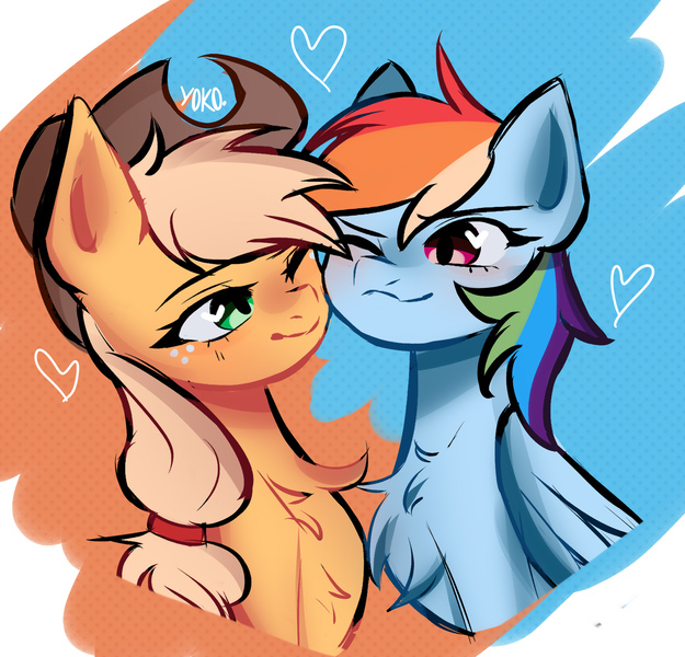 Size: 2120x2035 | Tagged: safe, artist:yokonette, derpibooru import, applejack, rainbow dash, earth pony, pegasus, pony, appledash, cheek to cheek, chest fluff, duo, female, image, jpeg, lesbian, one eye closed, shipping