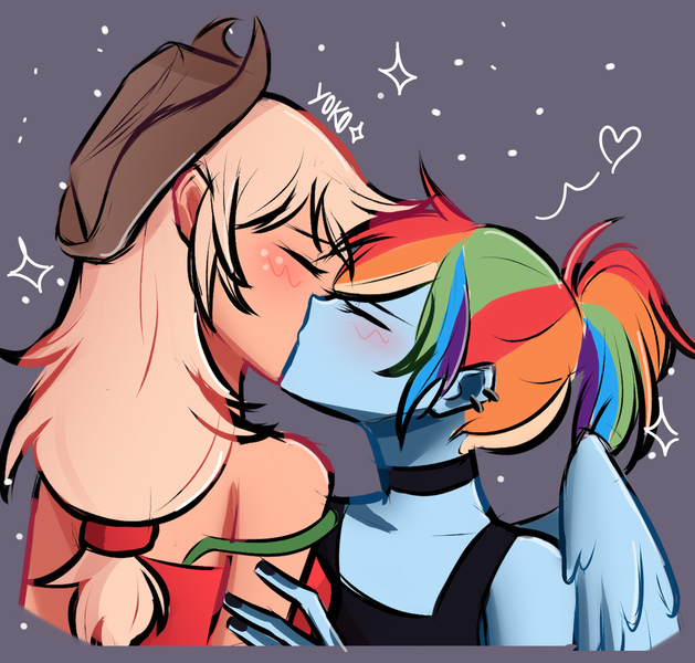 Size: 1806x1724 | Tagged: safe, artist:yokonette, derpibooru import, applejack, rainbow dash, equestria girls, g4, appledash, choker, duo, ear piercing, earring, eyes closed, female, floating heart, heart, image, jewelry, jpeg, kissing, lesbian, piercing, shipping