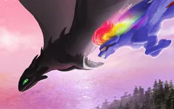 Size: 1532x963 | Tagged: safe, artist:sorninay, derpibooru import, rainbow dash, dragon, night fury, pegasus, pony, g4, crossover, dreamworks, duo, female, floppy ears, flying, goggles, grin, how to train your dragon, image, jpeg, mare, smiling, toothless the dragon, wind, windswept mane