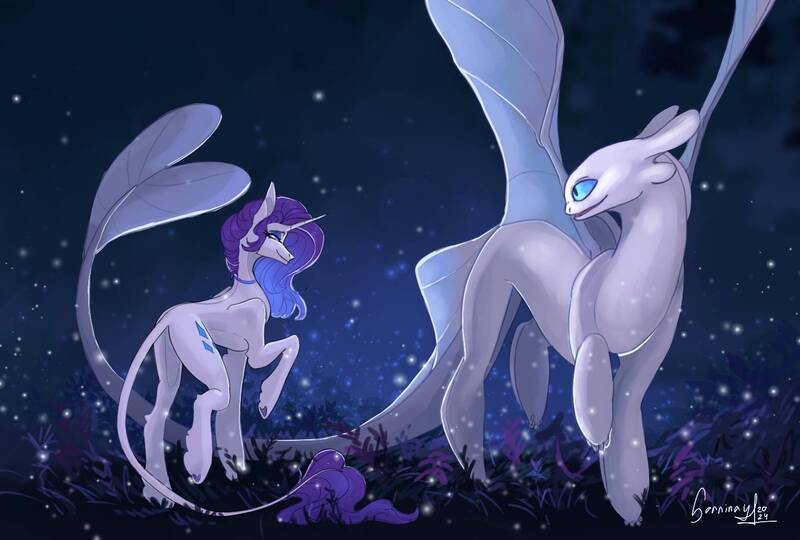 Size: 1532x1035 | Tagged: safe, artist:sorninay, derpibooru import, rarity, classical unicorn, dragon, firefly (insect), insect, light fury, pony, unicorn, g4, cloven hooves, crossover, dragoness, dreamworks, duo, duo female, female, fetlock tuft, horn, how to train your dragon, image, jpeg, leonine tail, looking at each other, looking at someone, mare, signature, spread wings, standing on two hooves, underhoof, unshorn fetlocks, wings