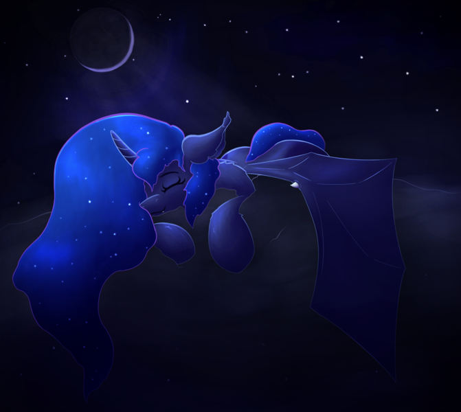 Size: 2398x2144 | Tagged: safe, artist:gosha305, derpibooru import, princess luna, alicorn, bat pony, bat pony alicorn, pony, g4, bat wings, cloud, crescent moon, curved horn, cute, ear fluff, ethereal mane, eyes closed, fangs, female, floppy ears, fluffy, full body, horn, image, mare, moon, moonlight, night, night sky, on a cloud, png, shoulder fluff, sky, sleeping, smiling, solo, spread wings, starry mane, wings