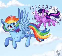 Size: 1280x1169 | Tagged: safe, artist:galaxy swirl, artist:swirlygalaxy24, derpibooru import, rainbow dash, twilight sparkle, twilight sparkle (alicorn), alicorn, pegasus, pony, cloud, duo, duo female, emanata, female, floppy ears, flying, flying lesson, image, jpeg, looking back, mare, open mouth, open smile, outdoors, screaming, signature, sky, smiling, spread wings, sweat, sweatdrops, tail, wings