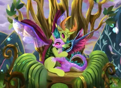 Size: 2250x1636 | Tagged: safe, artist:darksly, derpibooru import, spike, thorax, changedling, changeling, dragon, hybrid, g4, alternate timeline, caring for the sick, changedlingified, changeling dragon, changeling hive, changelingified, claws, cloud, commission, crepuscular rays, digital art, duo, duo male, eyes closed, floppy ears, flower, folded wings, gem, grass, horn, horns, image, jpeg, king thorax, leaves, logo, lying down, male, purple eyes, resting, scales, signature, sitting, sky, smiling, sparkles, species swap, spikabetes, spread wings, sunlight, sunset, thorabetes, throne, transformation, transparent wings, tree, what if, winged spike, wings, worried