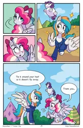 Size: 1496x2300 | Tagged: safe, artist:skysorbett, derpibooru import, oc, oc:sky sorbet, oc:twister joy, unofficial characters only, pegasus, pony, comic:breaking free, balloon, blushing, clothes, comic, female, image, male, mare, outdoors, png, speech bubble, stallion, talking