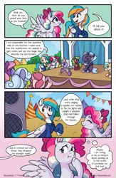 Size: 1496x2300 | Tagged: safe, artist:skysorbett, derpibooru import, oc, oc:sky sorbet, oc:twister joy, unofficial characters only, pegasus, pony, comic:breaking free, balloon, clothes, comic, female, image, male, mare, outdoors, png, speaker, speech bubble, stage, stallion, talking