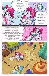 Size: 1496x2300 | Tagged: safe, artist:skysorbett, derpibooru import, oc, oc:peach bubble, oc:sky sorbet, unofficial characters only, pegasus, pony, comic:breaking free, comic, female, image, mare, market, outdoors, png, speech bubble, street, thinking