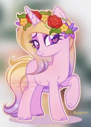 Size: 1920x2680 | Tagged: safe, artist:scarffist, derpibooru import, oc, unofficial characters only, pony, unicorn, base used, commission, flower, flower in hair, happy, horn, image, light skin, long hair, long mane, pink mane, png, simple background, smiling, solo, ych result