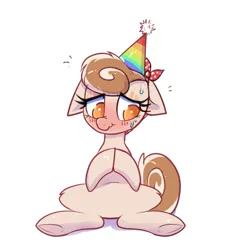 Size: 1217x1291 | Tagged: safe, artist:confetticakez, derpibooru import, oc, oc:cinnamon spangled, unofficial characters only, earth pony, pony, blushing, earth pony oc, female, floppy ears, hat, image, mare, party hat, png, simple background, sitting, solo, sweat, sweatdrop, tail, underhoof, white background