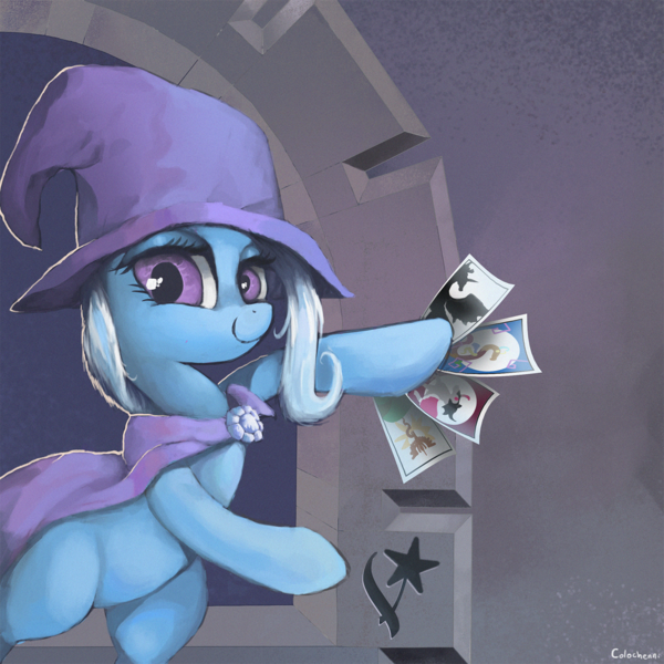 Size: 1434x1434 | Tagged: safe, alternate version, artist:colochenni, trixie, ponified, pony, /mlp/, 4chan, agents of fortune, blue oyster cult, cape, clothes, cover art, drawthread, female, hat, hoof hold, image, looking at you, magnetic hooves, mare, png, rearing, signature, smiling, solo, trixie's cape, trixie's hat