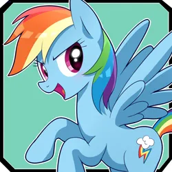 Size: 1400x1400 | Tagged: safe, artist:ryuu, derpibooru import, rainbow dash, pegasus, pony, g4, cute, cutie mark, dashabetes, female, image, jpeg, mare, open mouth, rearing, solo