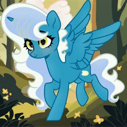 Size: 6890x6890 | Tagged: safe, artist:riofluttershy, derpibooru import, oc, oc:fleurbelle, unofficial characters only, alicorn, pony, alicorn oc, blushing, bow, female, forest, forest background, hair bow, horn, image, jpeg, mare, nature, pink bow, running, solo, tail, tree, two toned hair, two toned mane, two toned tail, wings, yellow eyes