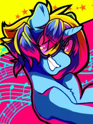 Size: 1200x1600 | Tagged: safe, artist:nova19, derpibooru import, oc, oc:hyperpop, unofficial characters only, pony, unicorn, bust, dynamic pose, female, glasses, grin, horn, image, music, music notes, png, portrait, short hair, smiling, solo, toothy grin, unicorn oc