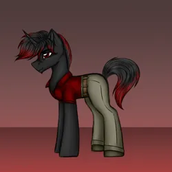 Size: 3000x3000 | Tagged: safe, artist:darklight1315, derpibooru import, oc, oc:decline, unofficial characters only, pony, unicorn, fallout equestria, clothes, concept art, fallout equestria: mayday, horn, image, pants, png, pre-war, red shirt, shirt, solo