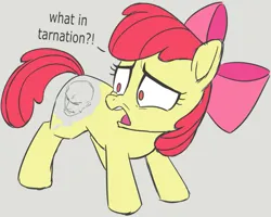 Size: 837x670 | Tagged: safe, artist:whitequartz08, derpibooru import, apple bloom, earth pony, pony, alternate cutie mark, confused, confusion, cutie mark, female, filly, foal, gray background, image, meme, png, simple background