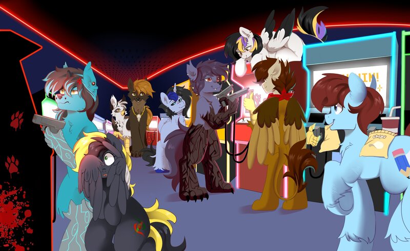 Size: 4096x2516 | Tagged: safe, artist:haruk, derpibooru import, oc, unofficial characters only, earth pony, gryphon, hybrid, pegasus, pony, unicorn, background, gaming, horn, image, jpeg, playing, together