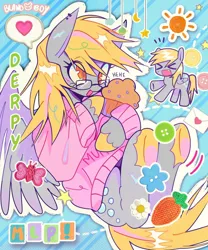 Size: 1080x1298 | Tagged: safe, artist:bland__boy, derpibooru import, derpy hooves, butterfly, insect, pegasus, pony, g4, ><, button, carrot, clothes, cute, cute little fangs, ear piercing, earring, envelope, eye clipping through hair, eyes closed, fangs, female, flower, food, giggling, glasses, heart, herbivore, image, jewelry, mare, muffin, name, piercing, png, solo, speech bubble, stars, sun, sweater, text, unshorn fetlocks