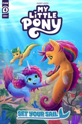 Size: 2698x4096 | Tagged: safe, artist:robin jacks, derpibooru import, hitch trailblazer, sunny starscout, earth pony, fish, pony, seapony (g4), unicorn, g5, bubble, coral, cover, crepuscular rays, digital art, dorsal fin, female, fin, fins, fish tail, flowing mane, flowing tail, horn, image, jpeg, looking at each other, looking at someone, male, mare, misty brightdawn, ocean, open mouth, open smile, rebirth misty, reef, rock, scales, seaponified, seapony hitch trailblazer, seapony misty brightdawn, seapony sunny starscout, seaweed, sheriff's badge, smiling, smiling at each other, species swap, stallion, sunlight, swimming, tail, underwater, unshorn fetlocks, water