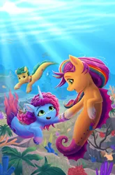 Size: 2698x4096 | Tagged: safe, artist:robin jacks, derpibooru import, hitch trailblazer, sunny starscout, earth pony, fish, pony, seapony (g4), unicorn, g5, bubble, coral, cover, crepuscular rays, digital art, dorsal fin, female, fin, fins, fish tail, flowing mane, flowing tail, horn, image, jpeg, looking at each other, looking at someone, male, mare, misty brightdawn, ocean, open mouth, open smile, rebirth misty, reef, rock, scales, seaponified, seapony hitch trailblazer, seapony misty brightdawn, seapony sunny starscout, seaweed, sheriff's badge, smiling, smiling at each other, species swap, stallion, sunlight, swimming, tail, underwater, unshorn fetlocks, water