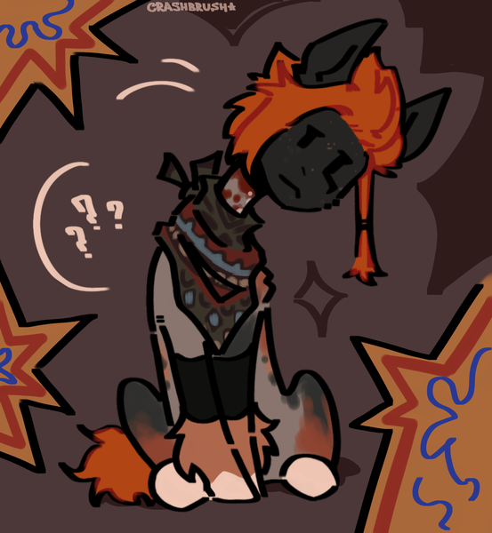 Size: 1887x2048 | Tagged: safe, artist:crashbrush, derpibooru import, oc, unofficial characters only, earth pony, pony, :<, bandana, bowed head, clothes, ear fluff, full body, hoof fluff, image, leg warmers, looking at you, male, multicolored fur, orange mane, png, questioning, request, sitting, solo, stallion