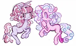 Size: 1451x901 | Tagged: safe, artist:dddddaxie998839, derpibooru import, part of a set, pinkie pie, rarity, oc, oc:ensemble, oc:party trick, earth pony, pony, unicorn, g4, alternate accessories, alternate coat color, alternate design, alternate eye color, alternate hairstyle, alternate mane color, alternate tail color, alternate tailstyle, bangs, big eyes, blue sclera, blushing, bow, colored eyelashes, colored pinnae, colored pupils, colored sclera, curly mane, curly tail, duo, duo female, earth pony oc, earth pony rarity, female, female oc, floppy ears, hair bow, headband, horn, image, jpeg, lavender coat, long mane, long tail, looking at you, magenta eyelashes, mare, mare oc, missing cutie mark, pastel, pink coat, pink eyelashes, profile, purple bow, purple coat, purple eyes, purple pupils, race swap, raised hoof, raised hooves, simple background, smiling, smiling at you, striped mane, striped tail, tail, tail tie, thin, three toned mane, three toned tail, tied tail, underhoof, unicorn horn, unicorn oc, unicorn pinkie pie, updo, white background