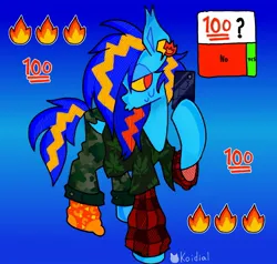 Size: 2048x1951 | Tagged: safe, artist:koidial, derpibooru import, oc, oc:dreadful blue horse!, unofficial characters only, bat pony, pony, bat pony oc, bat wings, blue coat, camouflage, clothes, colored sclera, ear piercing, ear tufts, earring, emoji, female, female oc, flannel, folded wings, gradient background, halftone, hoof hold, image, instagram story, iphone, jewelry, jpeg, lidded eyes, mare, mare oc, mismatched socks, mobile phone, no catchlights, no pupils, oversized clothes, pants, phone, piercing, pose, pouty lips, red eyes, shirt, signature, smartphone, socks, solo, spiky mane, spiky tail, standing on three hooves, sticker, striped mane, striped tail, sweat, sweatdrop, tail, text, three toned mane, two toned tail, wall of tags, wings, yellow sclera