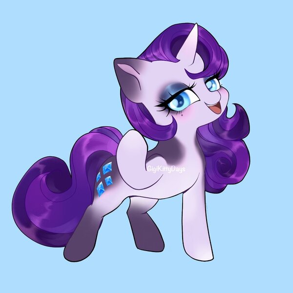 Size: 1440x1440 | Tagged: safe, artist:gigikittydays, derpibooru import, rarity, pony, alternate cutie mark, alternate design, blue background, coat markings, colored ears, eyeshadow, female, gradient hooves, image, jpeg, makeup, mare, mole, obtrusive watermark, open smile, raised hoof, simple background, standing on three hooves, twitterina design, watermark