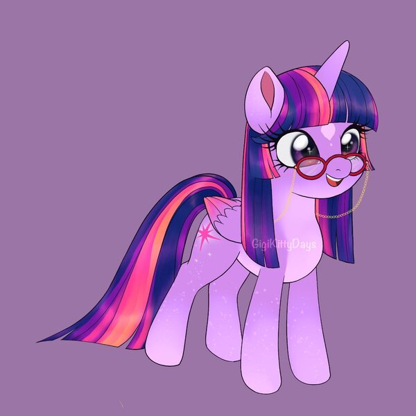 Size: 1440x1440 | Tagged: safe, artist:gigikittydays, derpibooru import, twilight sparkle, pony, alternate design, alternate hairstyle, colored ears, colored wings, female, glasses, gradient hooves, gradient wings, image, jpeg, looking offscreen, mare, obtrusive watermark, open smile, pale belly, purple background, simple background, twitterina design, watermark, wings