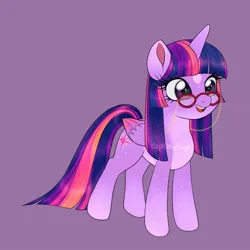 Size: 1440x1440 | Tagged: safe, artist:gigikittydays, derpibooru import, twilight sparkle, pony, alternate design, alternate hairstyle, colored ears, colored wings, female, glasses, gradient hooves, gradient wings, image, jpeg, looking offscreen, mare, obtrusive watermark, open smile, pale belly, purple background, simple background, twitterina design, watermark, wings